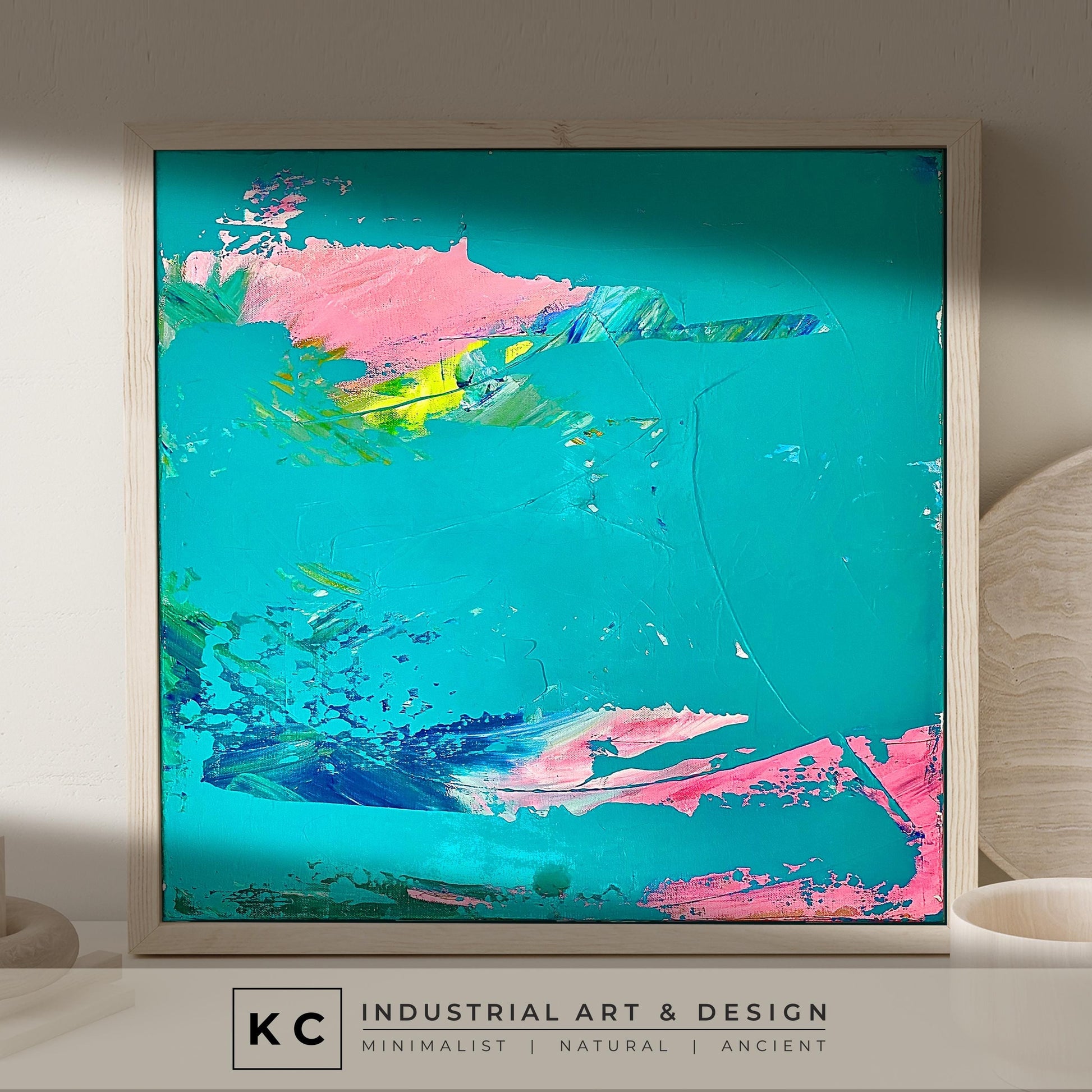 Peeled Paint Birthday Cake Pink Orange Teal and Blue Layered Textured Original Abstract Painting | Acrylic on Canvas KC Industrial Art & Design