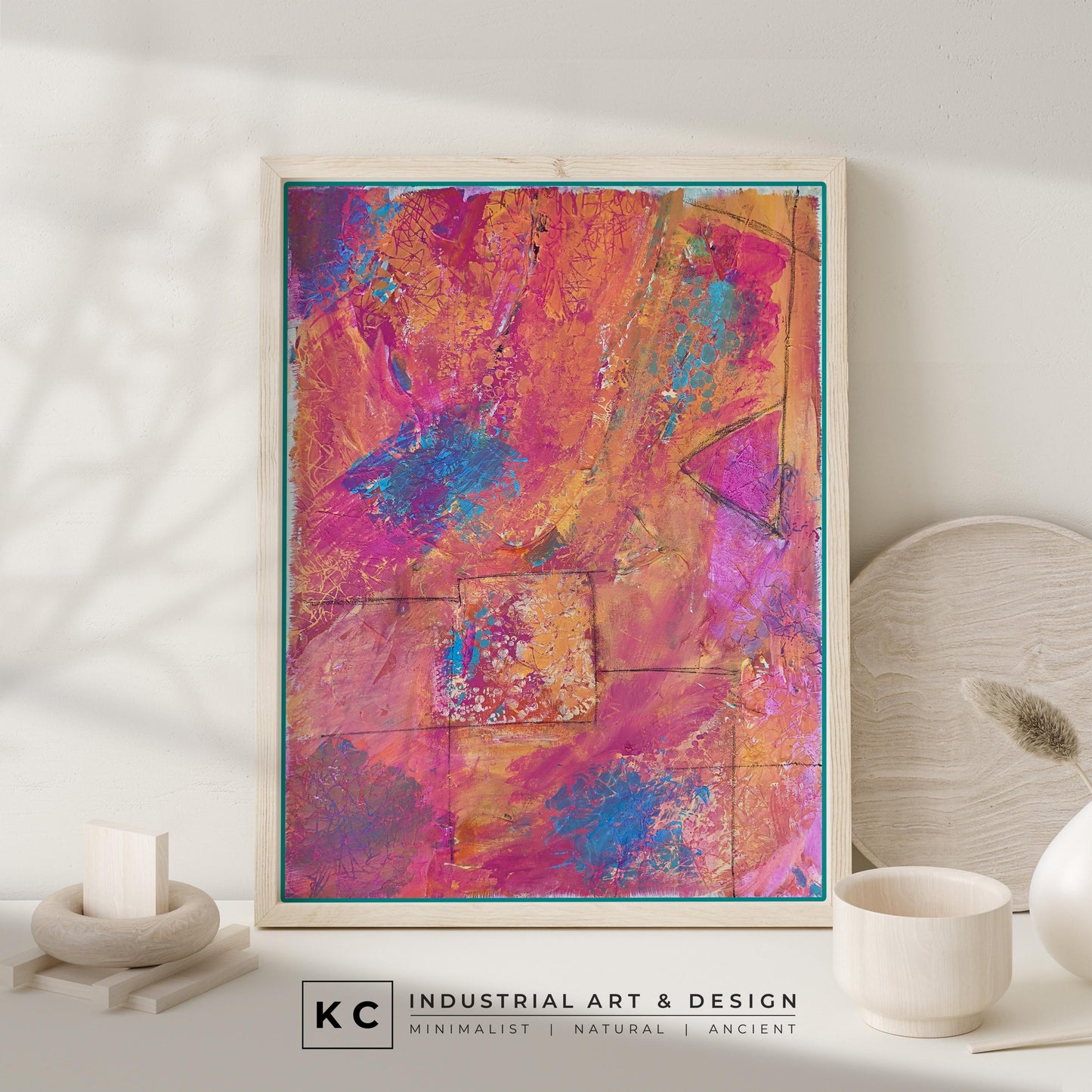 Elementary Pink Teal Orange Blue Blue Unique Size Layered Textured Original Abstract Painting | Acrylic Charcoal on Canvas KC Industrial Art & Design