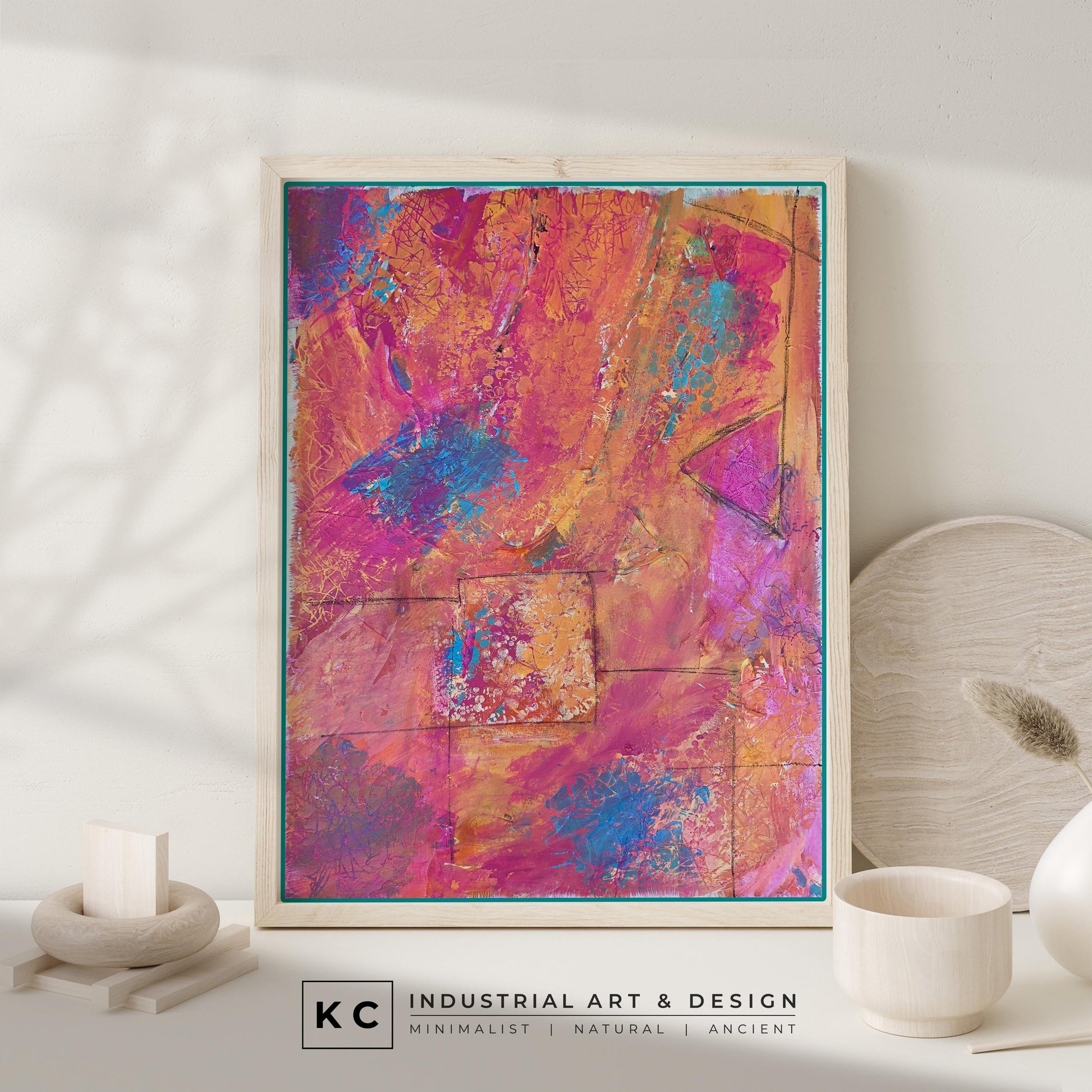 Elementary Pink Teal Orange Blue Blue Unique Size Layered Textured Original Abstract Painting | Acrylic Charcoal on Canvas KC Industrial Art & Design