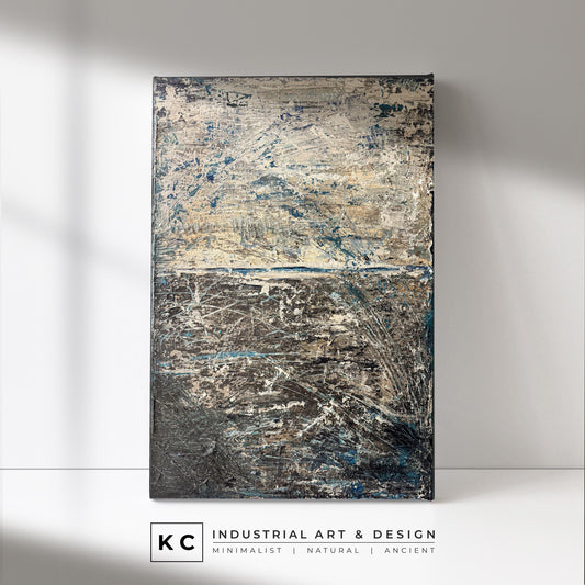 Wabi-Sabi Erratic Earth Scratchings Textured Layers | Abstract Minimalist Brown Beige Blue Turquoise Tan Distressed Artisan Painting KC Industrial Art & Design