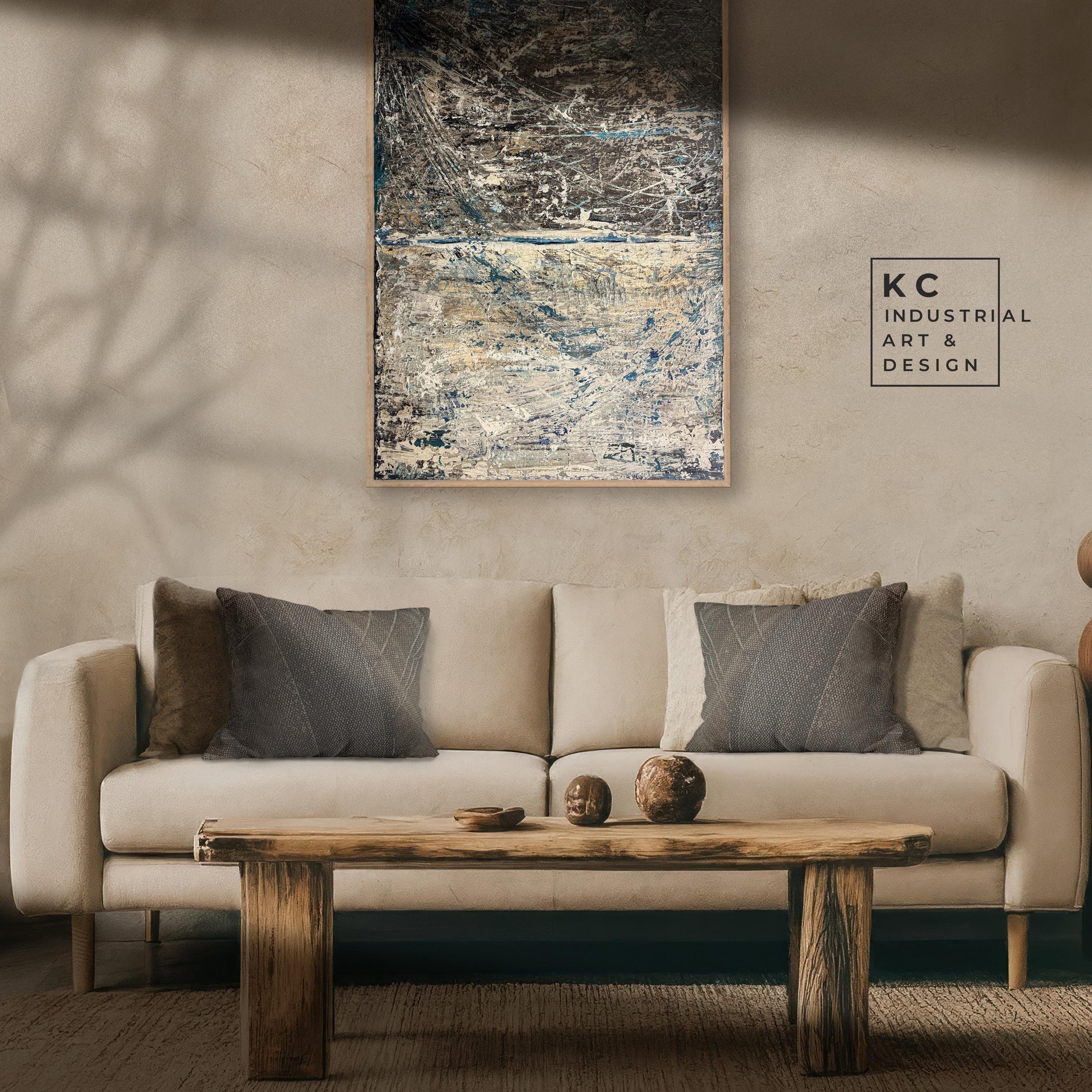 Wabi-Sabi Erratic Earth Scratchings Textured Layers | Abstract Minimalist Brown Beige Blue Turquoise Tan Distressed Artisan Painting KC Industrial Art & Design